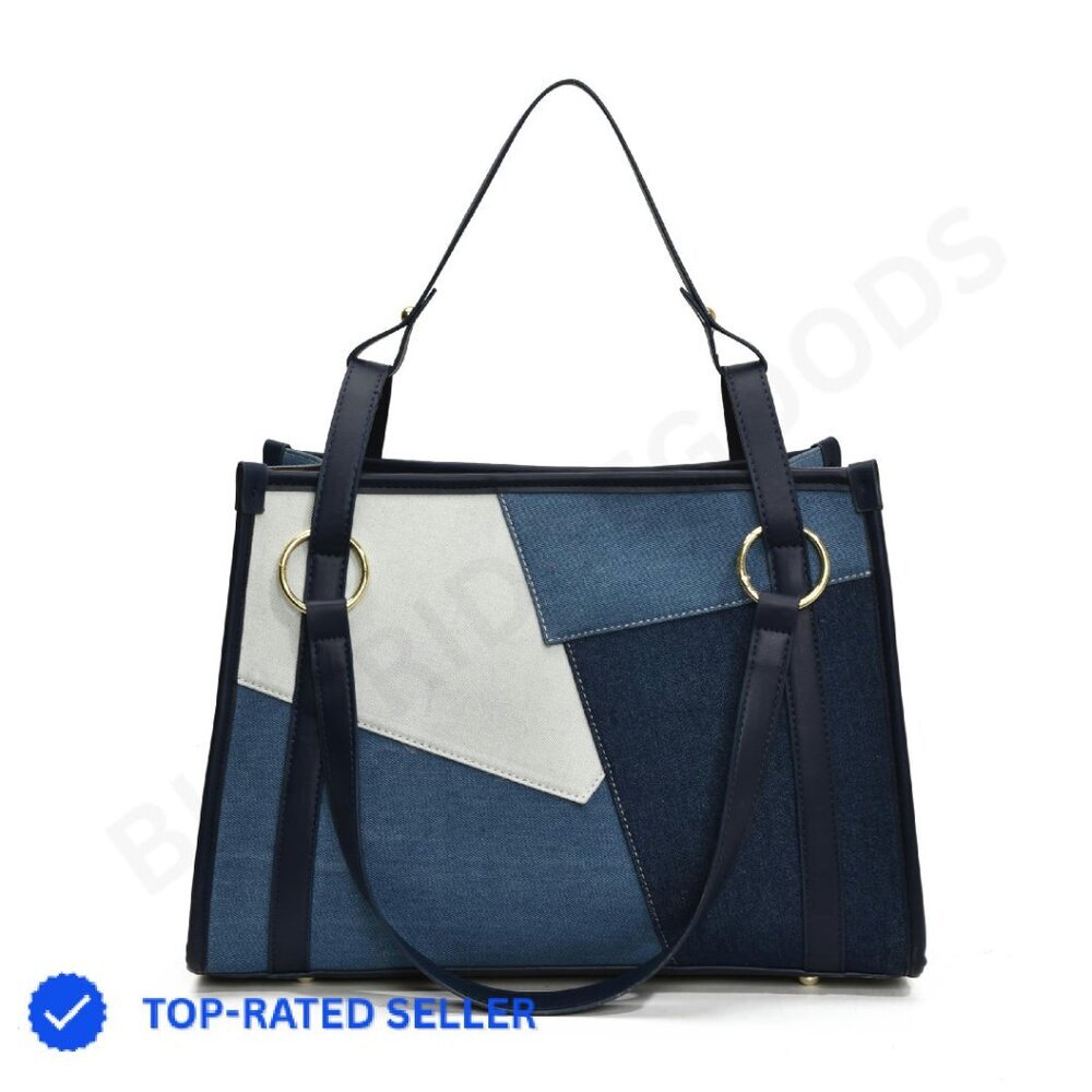 Denim Tote Handbag Geometric Pattern Casual Chic Work Travel Bag
